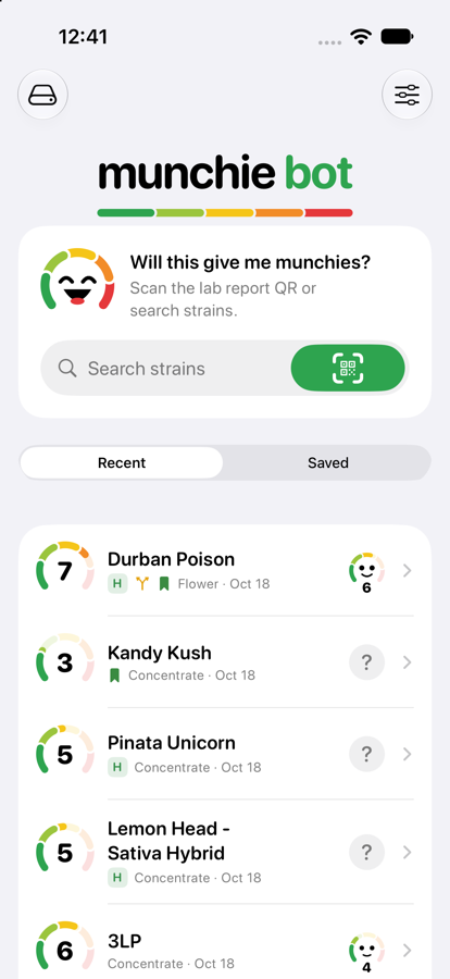 Munchie Bot home screen: a search box with a scan button above a list of recent scans, each with a 1 to 10 score dial.
